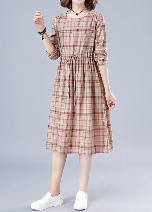 Women O Neck Drawstring Spring Clothes Ideas Nude Plaid Dresses - SooLinen