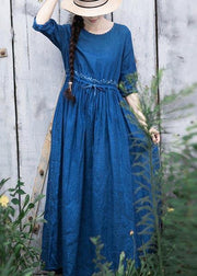 Women O Neck Drawstring Spring Tunic Runway Blue Long Dresses - SooLinen