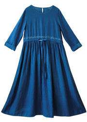 Women O Neck Drawstring Spring Tunic Runway Blue Long Dresses - SooLinen