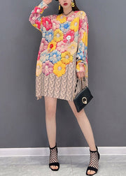 Women O-Neck Floral Print Chiffon Mid Dresses Long Sleeve