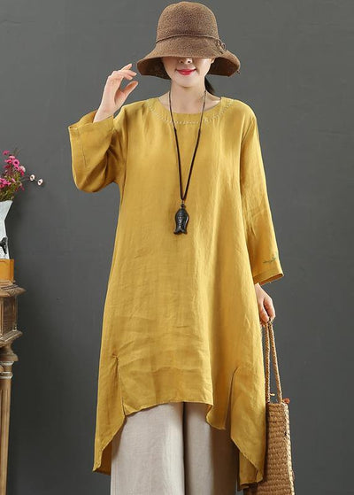 Women O Neck Low High Design Spring Clothes Shirts Yellow Embroidery Art Dress - SooLinen