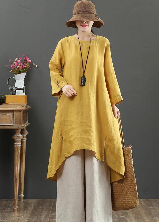 Women O Neck Low High Design Spring Clothes Shirts Yellow Embroidery Art Dress - SooLinen