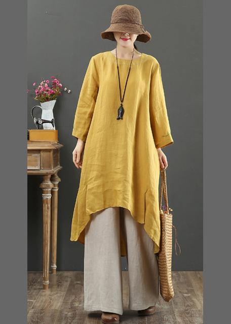 Women O Neck Low High Design Spring Clothes Shirts Yellow Embroidery Art Dress - SooLinen