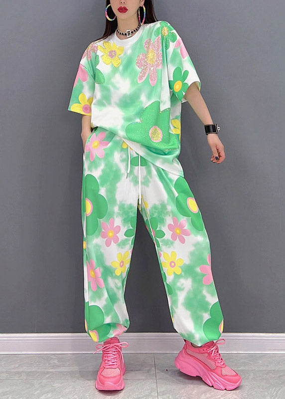 Women O-Neck Print Top And Pants Chiffon Two Piece Set Summer