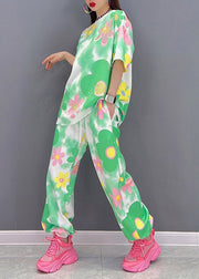 Women O-Neck Print Top And Pants Chiffon Two Piece Set Summer