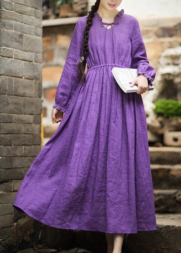 Women O Neck Ruffles Spring Dress Neckline Purple Maxi Dresses - SooLinen