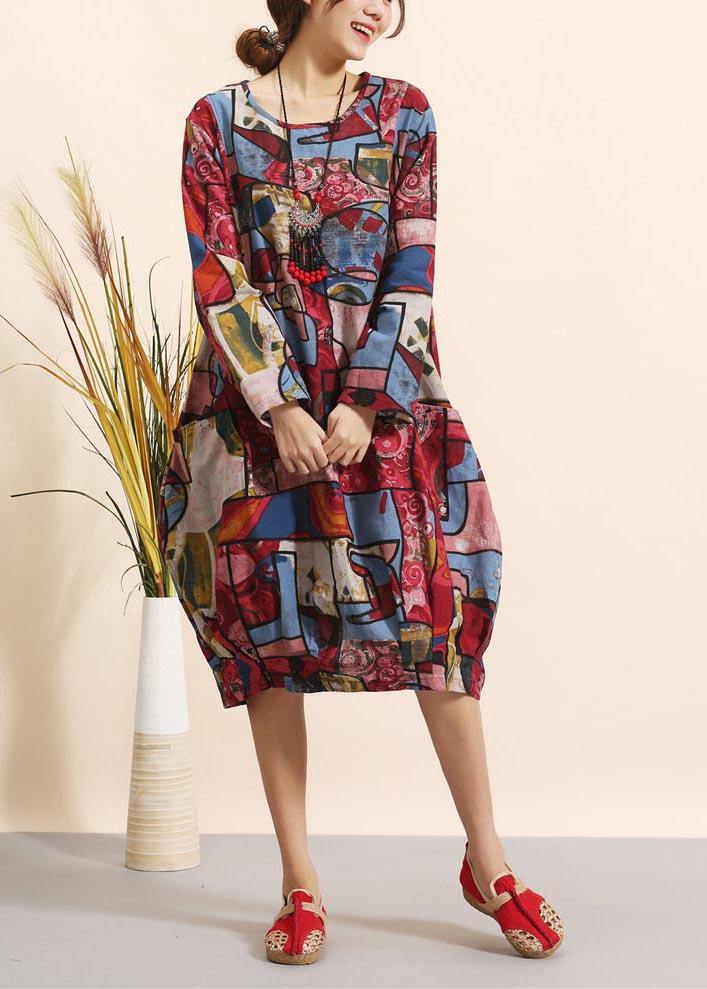 Women O Neck Spring Clothes For Women Pattern Red Geometric Robe Dresses - SooLinen