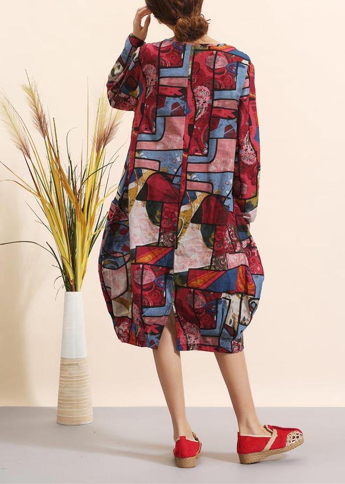 Women O Neck Spring Clothes For Women Pattern Red Geometric Robe Dresses - SooLinen