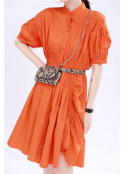 Women Orange Cinched Mid Summer Cotton Dress - SooLinen