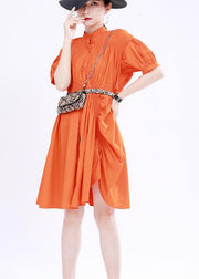 Women Orange Cinched Mid Summer Cotton Dress - SooLinen