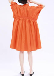 Women Orange Cinched Mid Summer Cotton Dress - SooLinen