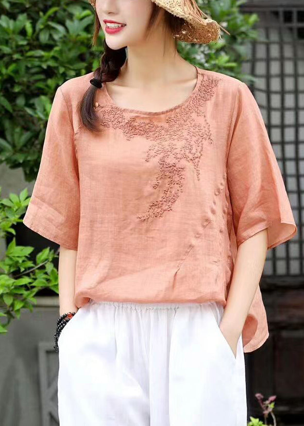 Women Orange O-Neck Embroideried Linen Shirt Top Short Sleeve