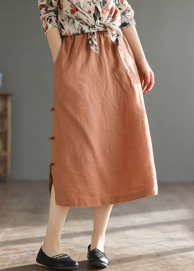 Women Orange Oriental Elastic Waist Pocket Linen A Line Skirts Summer