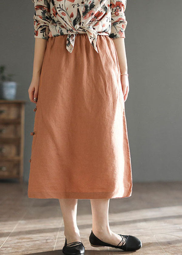 Women Orange Oriental Elastic Waist Pocket Linen A Line Skirts Summer