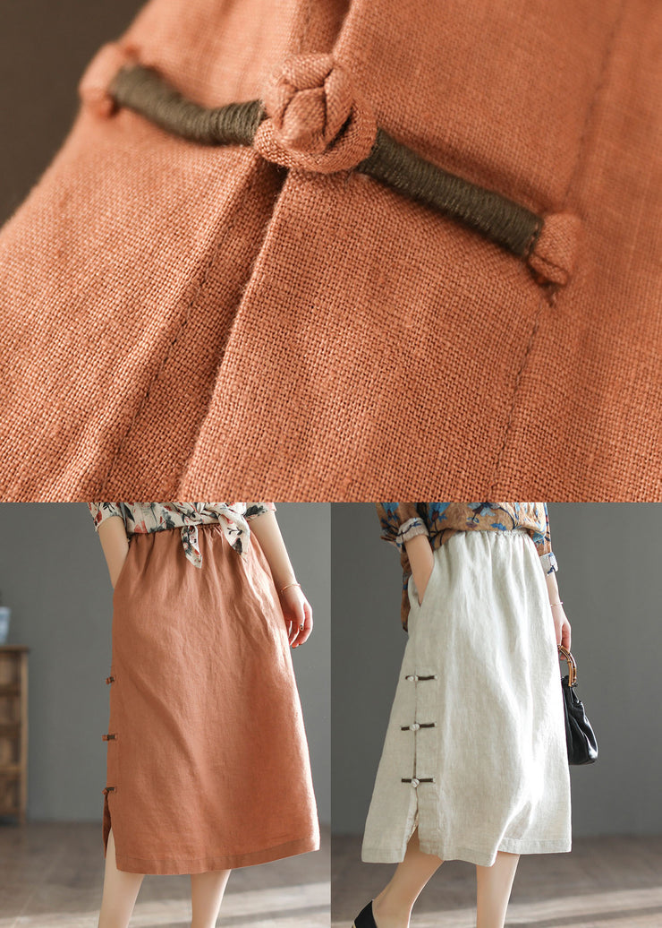 Women Orange Oriental Elastic Waist Pocket Linen A Line Skirts Summer