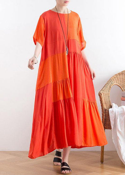 Women Orange Patchwork Cotton Loose Holiday Dress - SooLinen