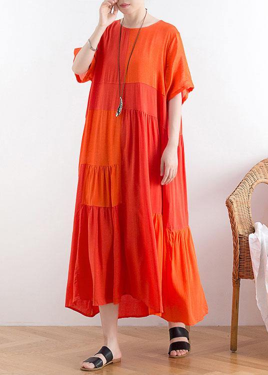 Women Orange Patchwork Cotton Loose Holiday Dress - SooLinen