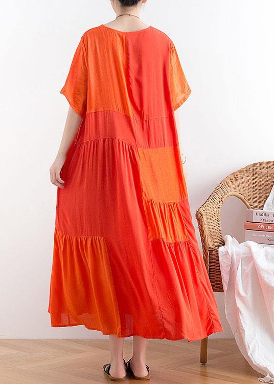 Women Orange Patchwork Cotton Loose Holiday Dress - SooLinen