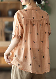 Women Orange Peter Pan Collar Linen Shirt Top Short Sleeve