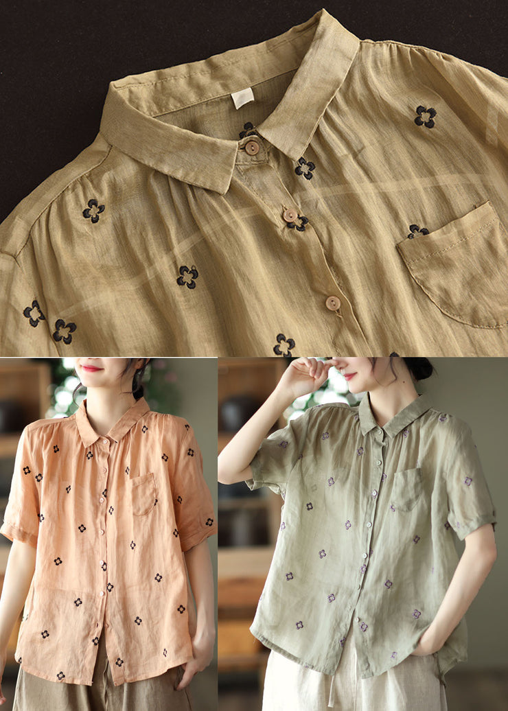 Women Orange Peter Pan Collar Linen Shirt Top Short Sleeve