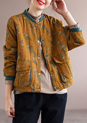 Women Orange Pockets Print Fine Cotton Filled Coats Spring