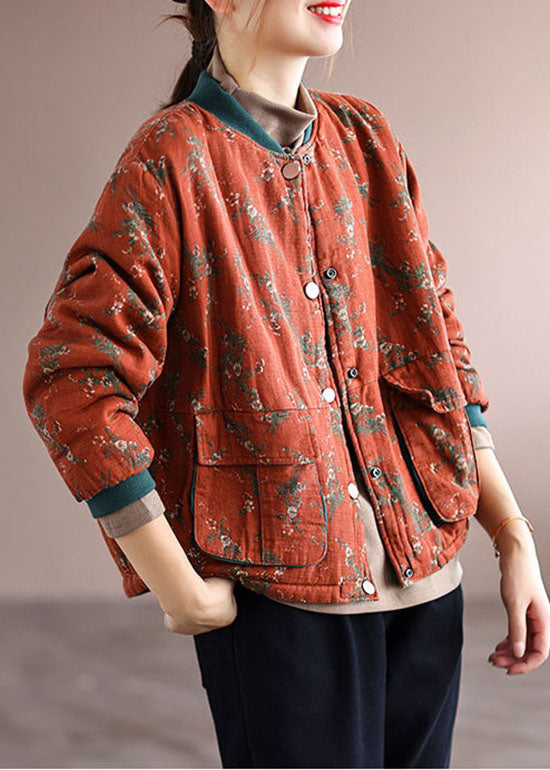 Women Orange Pockets Print Fine Cotton Filled Coats Spring