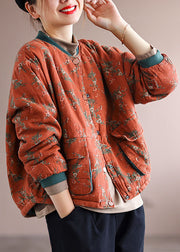 Women Orange Pockets Print Fine Cotton Filled Coats Spring