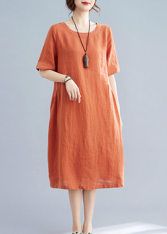 Women Orange Solid O-Neck Linen Dresses Short Sleeve