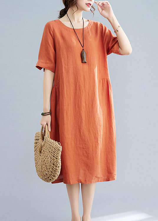 Women Orange Solid O-Neck Linen Dresses Short Sleeve