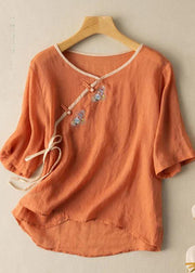 Women Orange V Neck tie waist Embroideried Linen Shirt Top Spring