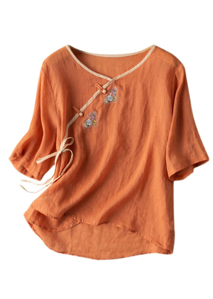 Women Orange V Neck tie waist Embroideried Linen Shirt Top Spring