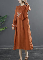 Women Patchwork Clothes Tutorials Orange Embroidery Robes Dress - SooLinen