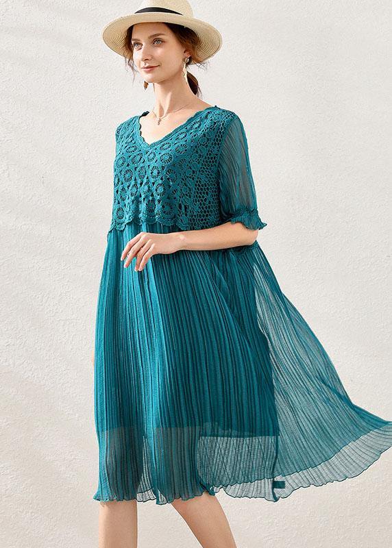 Women Peacock blue Chiffon A Line Spring Long Dresses Short Sleeve - SooLinen