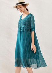 Women Peacock blue Chiffon A Line Spring Long Dresses Short Sleeve - SooLinen