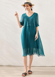 Women Peacock blue Chiffon A Line Spring Long Dresses Short Sleeve - SooLinen