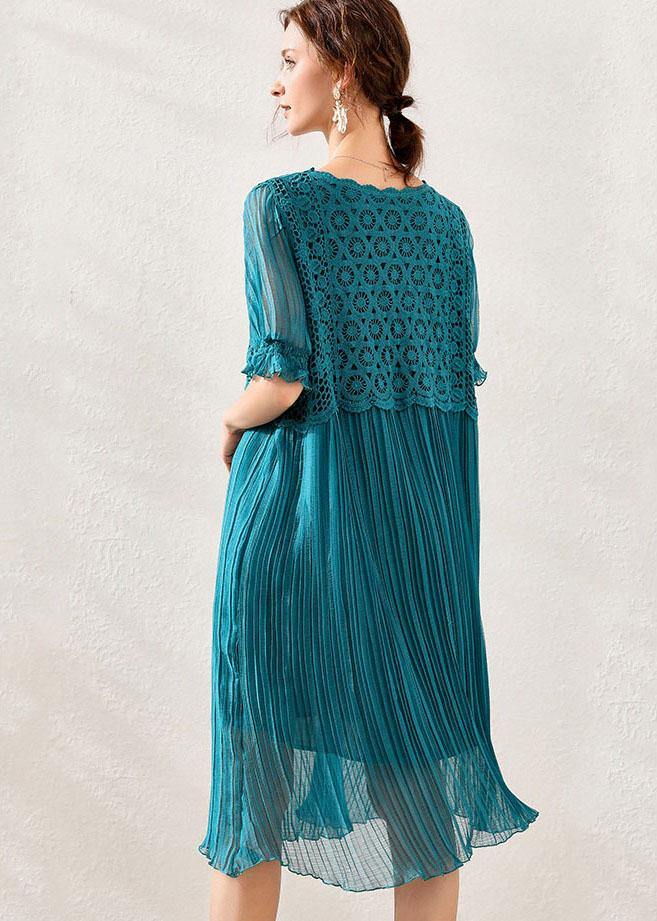 Women Peacock blue Chiffon A Line Spring Long Dresses Short Sleeve - SooLinen