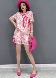 Women Pink Hooded Print Oriental Button Cotton Tanks And Shorts Two Piece Suit Set Summer