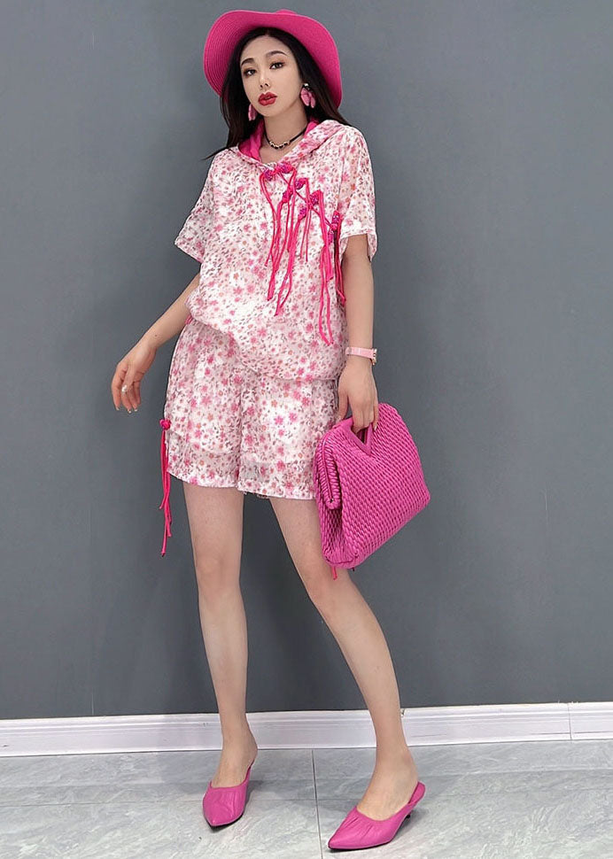 Women Pink Hooded Print Oriental Button Cotton Tanks And Shorts Two Piece Suit Set Summer