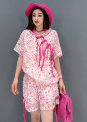 Frauen Rosa Kapuzendruck Orientalische Knopf Baumwolle Tanks und Shorts Zweiteiler Set Sommer