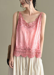 Women Pink Original Design Embroideried Cotton Spaghetti Strap Tops Summer