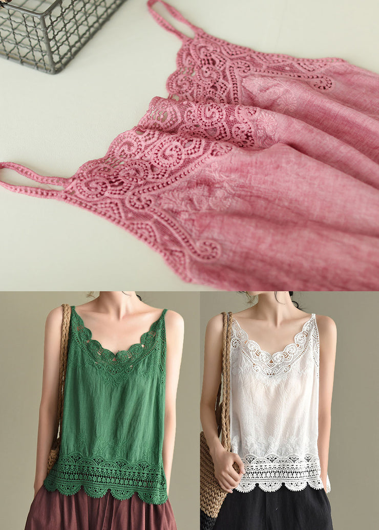 Women Pink Original Design Embroideried Cotton Spaghetti Strap Tops Summer