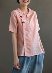 Women Pink Peter Pan Collar Embroideried Linen Blouse Tops Spring