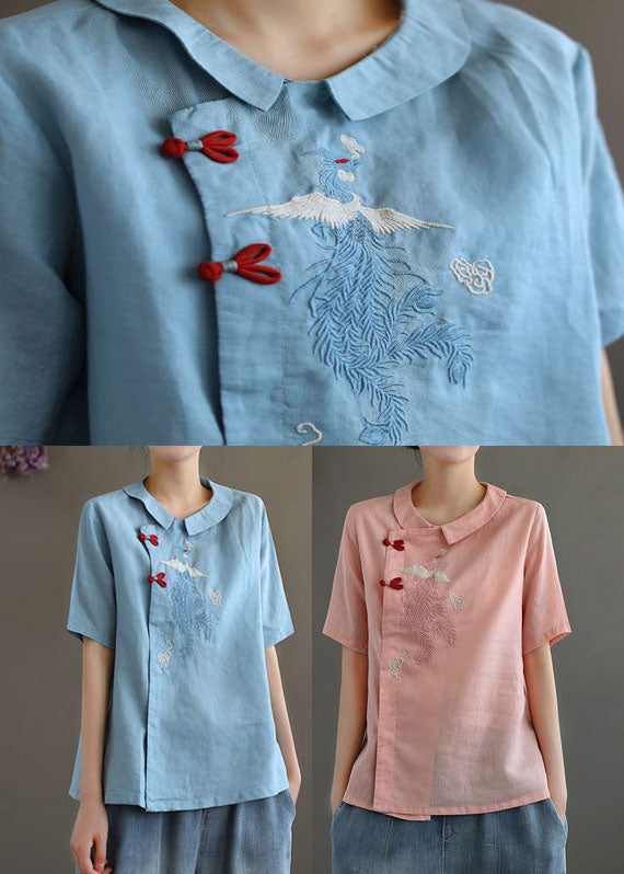 Women Pink Peter Pan Collar Embroideried Linen Blouse Tops Spring