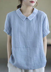 Women Pink Peter Pan Collar Patchwork Summer Ramie Shirts Short Sleeve - SooLinen