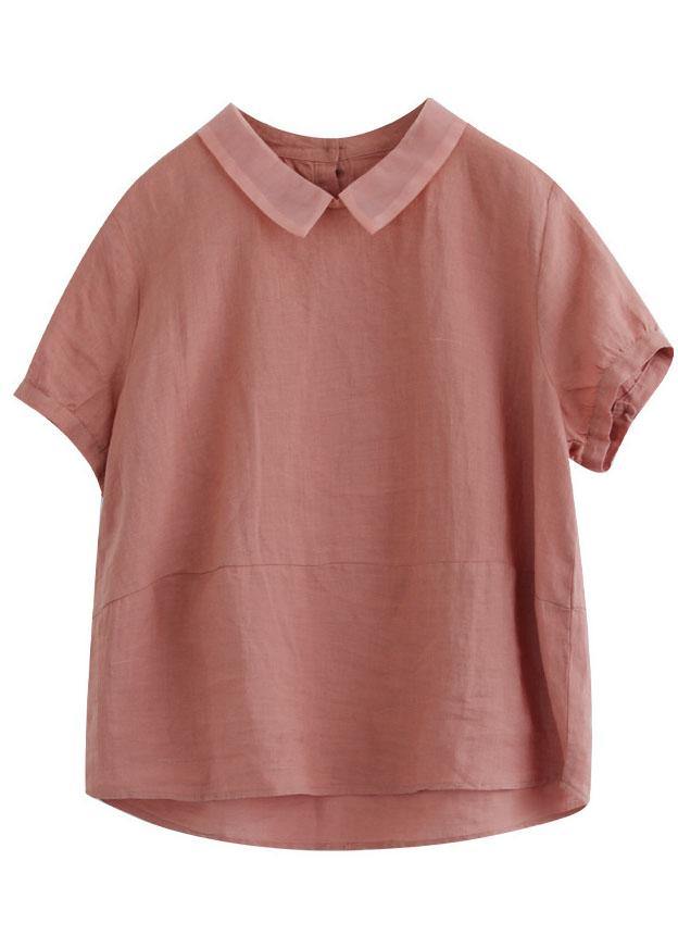 Women Pink Peter Pan Collar Patchwork Summer Ramie Shirts Short Sleeve - SooLinen