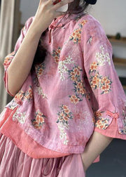 Women Pink Print Patchwork Blouses Half Sleeve