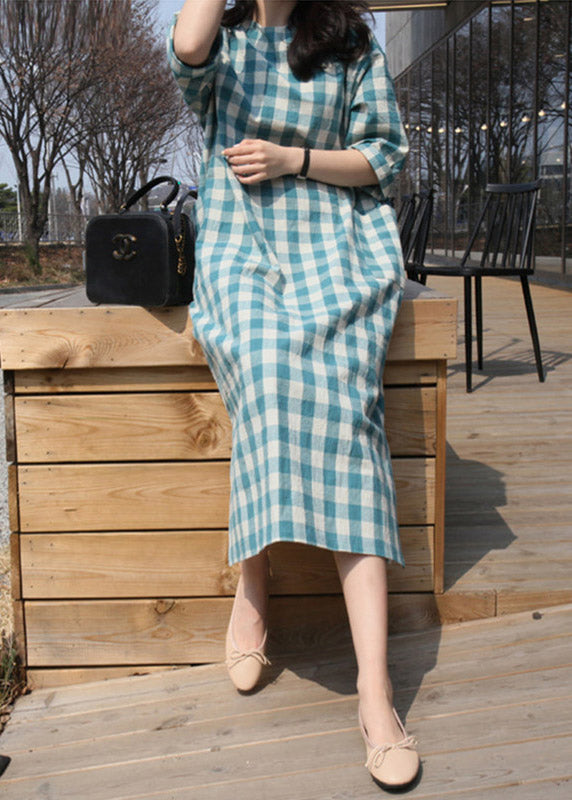 Women Plaid O-Neck Pockets Side Open Dress Long Sleeve