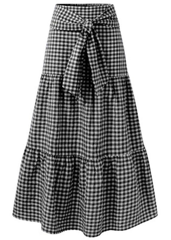 Women Plaid Pleated Lace-Up Elastic Waist Swing Skirts - SooLinen