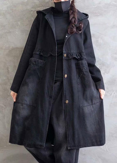 Women Plus Size Overcoat Denim Black Hooded Ruffles Outwear - SooLinen