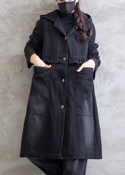 Women Plus Size Overcoat Denim Black Hooded Ruffles Outwear - SooLinen